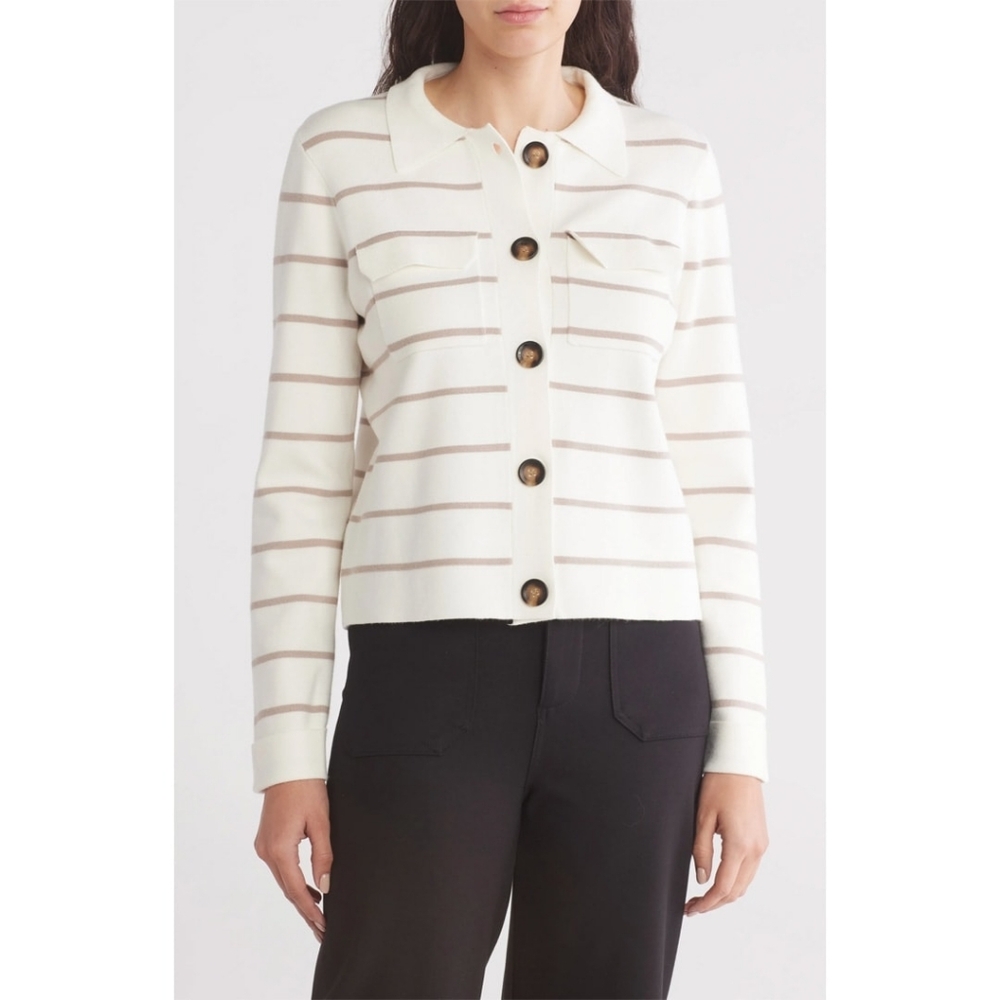 Tahari White & Black Striped Collared Button Front Cardigan M Old Money - Picture 5 of 13